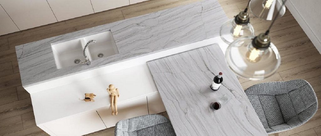 Sensa White Macaubas quartzite kitchen worktops and island